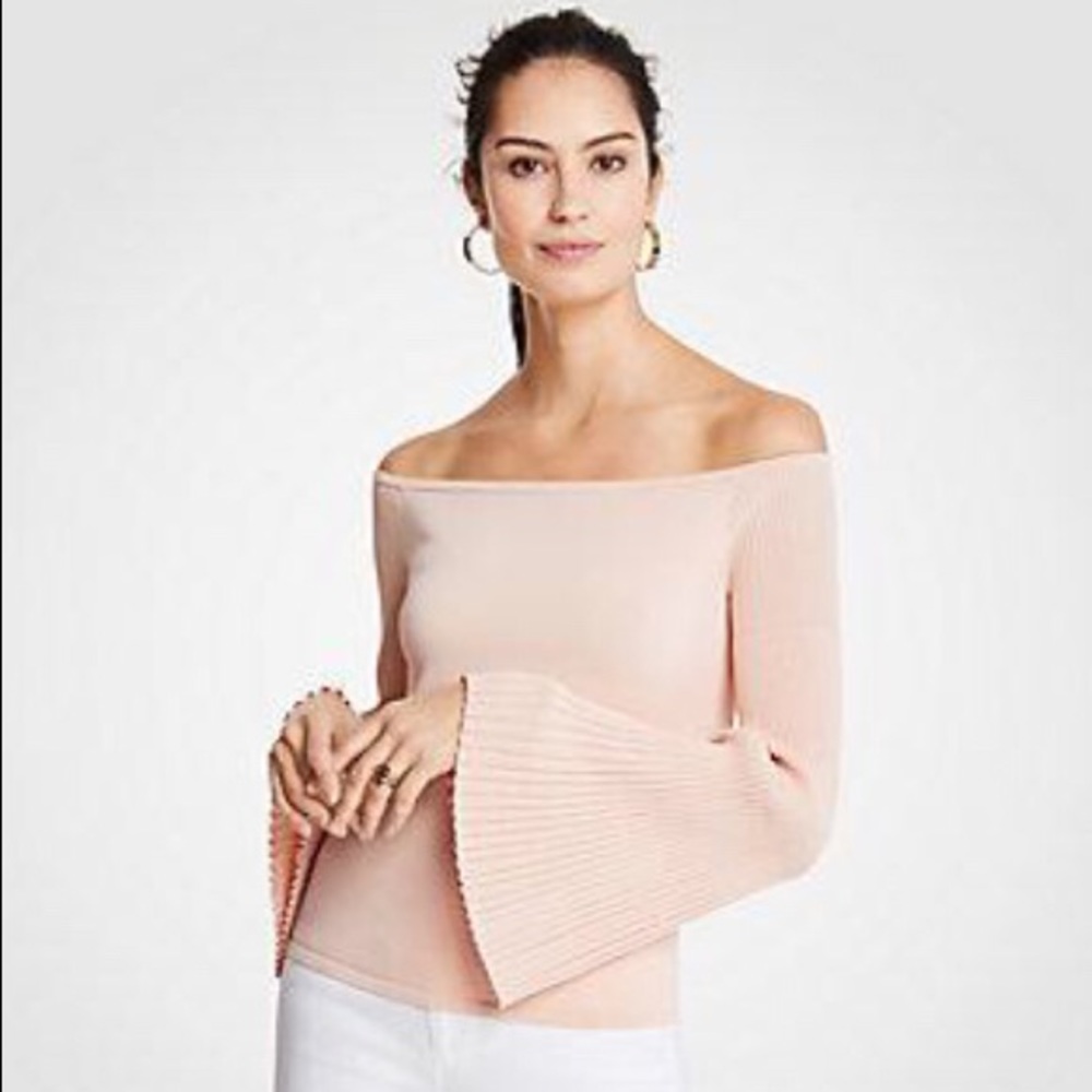 Pleat Flare Sleeve Off The Shoulder Sweater